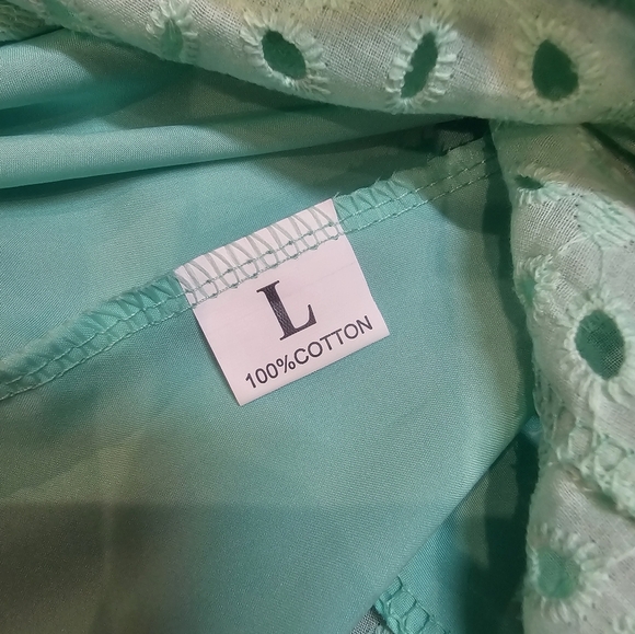 Mint Green Eyelet Cotton Shorts Romper Sundress Lined Sleeveless Dress Size L - Picture 5 of 11